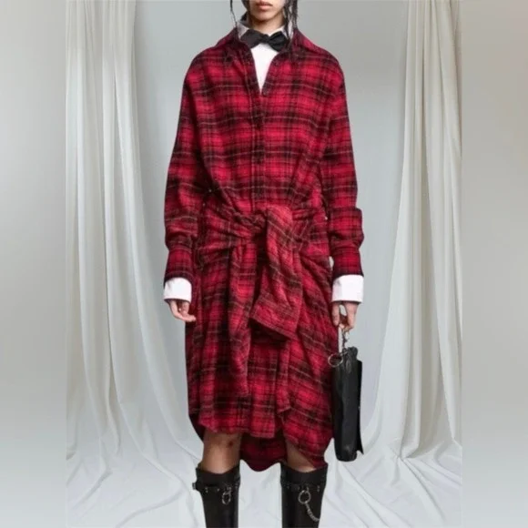 R13 Tie Flannel Midi Shirt Dress Women XS Red Black Plaid Grunge Asymmetric - Picture 3 of 16